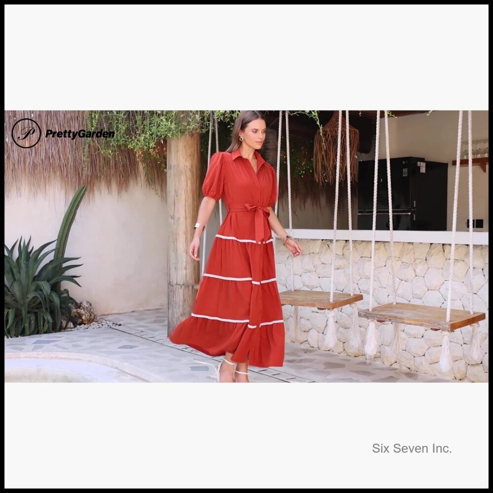 Viscose Polyester Polyamide Maxi Dress with Puffy Sleeves and Pockets - Picture 7 of 7